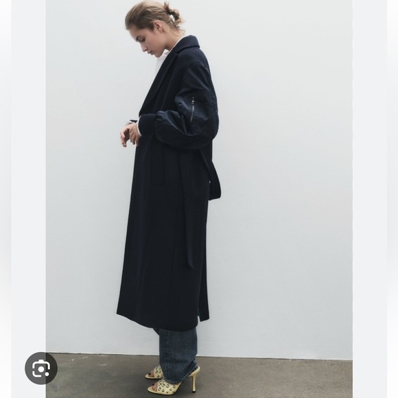 Zara Manteco Wool Satin Combination Bomber Jacket Duster Longline Pea Coat sz XS - Picture 5 of 16